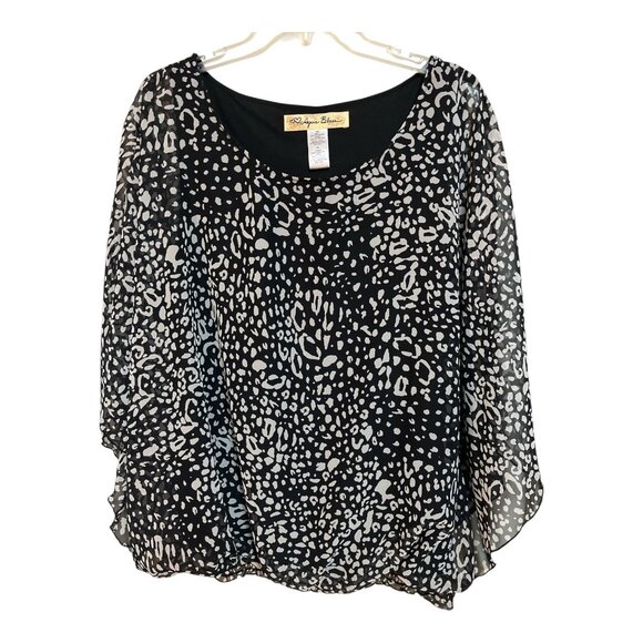 Y2K Aqua Blues Women’s 3X Flutter Sleeve Sheer Overlay Blouse Black White Animal - Picture 1 of 5
